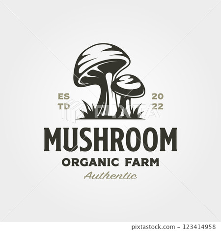 mushroom farm logo vintage vector illustration design, champignon mushroom logo design 123414958