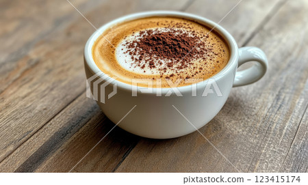 frothy cappuccino topped with cocoa powder on wooden table frothy cappuccino topped with cocoa powder on wooden table 123415174