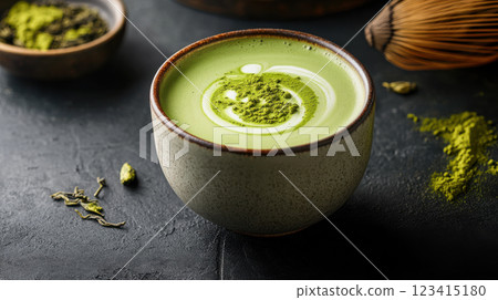 frothy matcha latte in traditional ceramic bowl, showcasing vibrant green color and texture frothy matcha latte in traditional ceramic bowl, showcasing vibrant green color and texture 123415180