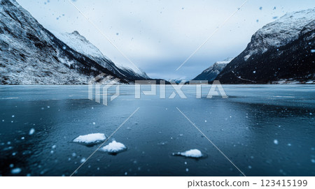 serene frozen lake surrounded by snow covered mountains under cloudy sky 123415199