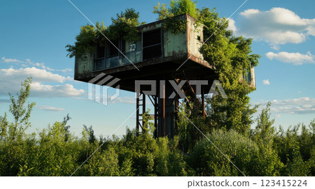 Futuristic abandoned structure overgrown with greenery and blue sky 123415224