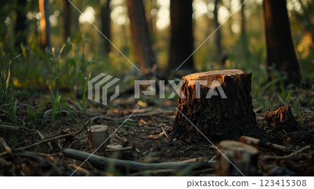 forest scene featuring tree stump surrounded by greenery and fallen branches 123415308