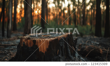 forest stump surrounded by charred trees, showcasing nature resilience 123415309