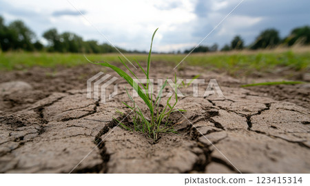 Dried cracked soil with single green grass sprout symbolizing resilience Dried cracked soil with single green grass sprout symbolizing resilience 123415314