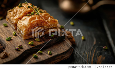 Freshly baked baklava with crispy layers and pistachios on wooden board 123415356