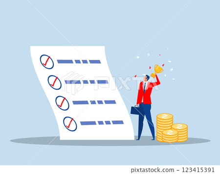 businessman holding winner trophy with habit checklist succeed and achieve goal winner progress, planning concept vector businessman holding winner trophy with habit checklist succeed and achieve goal winner progress, planning concept vector 123415391