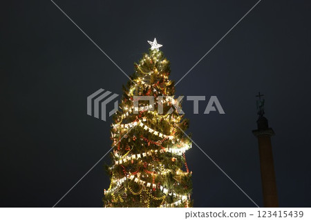 A beautifully illuminated Christmas tree stands proudly against the dark, starry sky above A beautifully illuminated Christmas tree stands proudly against the dark, starry sky above 123415439