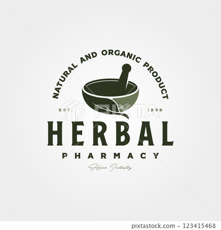 herb pharmacy logo vector symbol illustration design, leaf bowl mortal and pestle logo design herb pharmacy logo vector symbol illustration design, leaf bowl mortal and pestle logo design 123415468