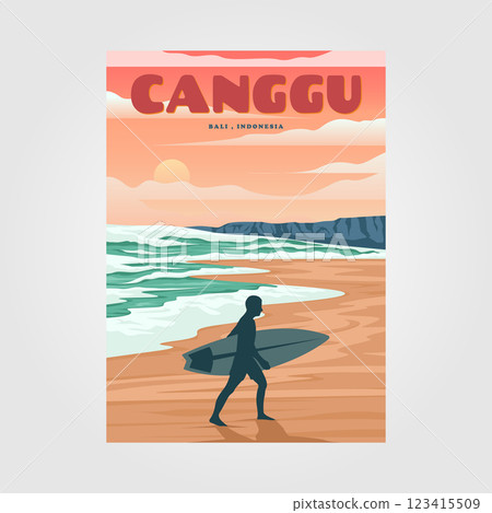 canggu beach with sunset view vintage poster design, bali travel poster design 123415509