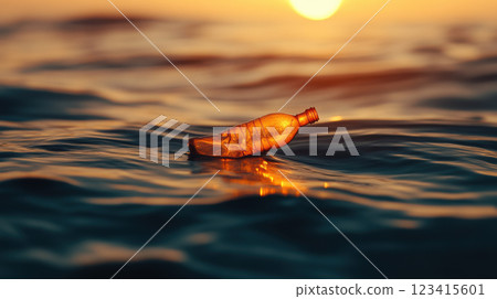 plastic bottle floating on water at sunset, symbolizing pollution 123415601