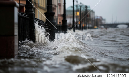 Flooded coastal city with waves crashing against waterfront 123415605