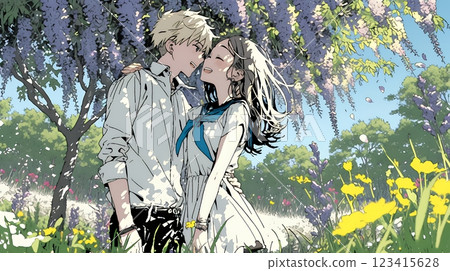 A young couple having a date under a wisteria tree in full bloom 123415628