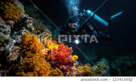 Diver exploring vibrant coral reefs with underwater flashlight 123415682