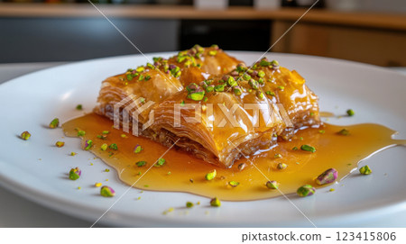 Delicious baklava drizzled with honey and sprinkled with pistachios 123415806