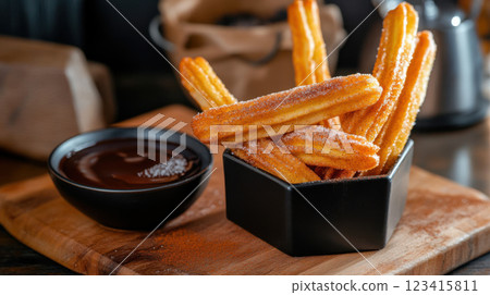 Delicious churros served with chocolate sauce, perfect for dessert lovers Delicious churros served with chocolate sauce, perfect for dessert lovers 123415811