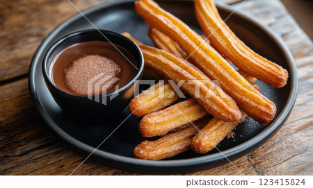 Delicious churros served with warm chocolate and sugar on side Delicious churros served with warm chocolate and sugar on side 123415824