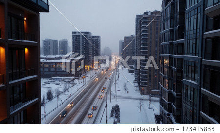 dense blizzard in modern city, traffic halted by snow 123415833