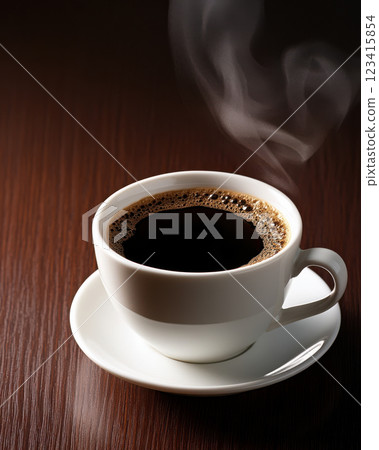 steaming cup of dark roast coffee on wooden table, inviting warmth 123415854