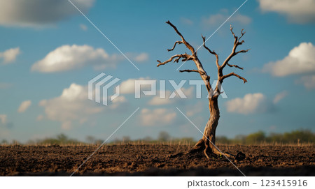 dead tree stands alone in barren field under blue sky 123415916