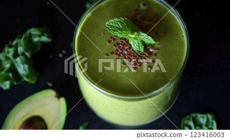 Creamy green smoothie with avocado, spinach, and mint leaves for freshness Creamy green smoothie with avocado, spinach, and mint leaves for freshness 123416003