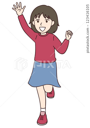 A cheerful girl smiling with one hand raised 123416105