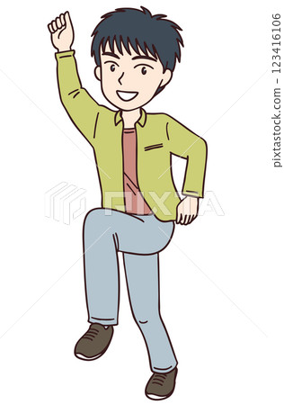 Cheerful young man smiling with one hand raised Cheerful young man smiling with one hand raised 123416106