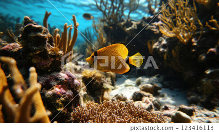vibrant coral reef with yellow fish swimming among corals and sea plants 123416113