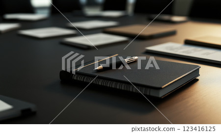 corporate meeting room with organized notebooks and pen on table corporate meeting room with organized notebooks and pen on table 123416125