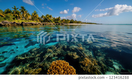 serene tropical landscape featuring clear blue lagoon, vibrant coral reefs, and lush palm trees 123416288