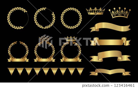Set of golden laurel wreaths and crowns, ribbons, laurel wreaths of different shapes for winners. Luxury leadership award on dark background. Golden award ribbon banners for text, Label. 123416461