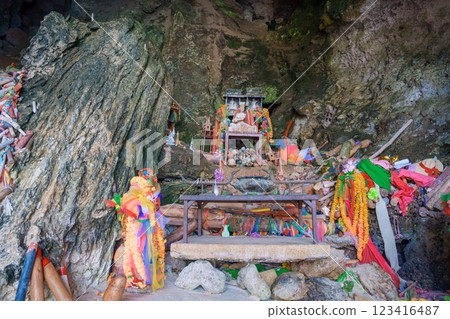 Lingams at Phra nang Cave Beach near Railay Beach in Krabi, Thailand. Lingams are a symbol of the Hindu god Shiva and are associated with fertility and virility 123416487