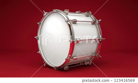 Minimalist 3D Rendering of a Marching Band Drum on a Bold Red Background 123416569