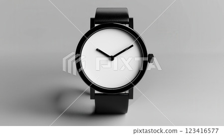 Minimalist 3D Rendering of a Stylish Modern Wristwatch with a Sleek Black Strap and Clean White Face 123416577