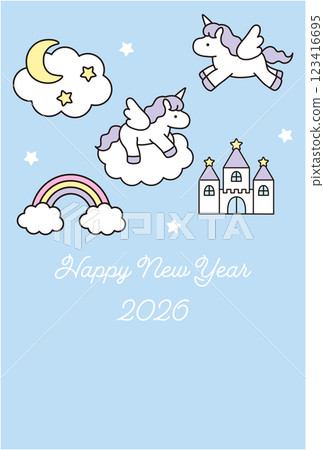 可愛的獨角獸新年卡片模板。 2026, 馬年, 白馬, 向量, 十二生肖, 夢幻, 彩虹 可愛的獨角獸新年卡片模板。 2026, 馬年, 白馬, 向量, 十二生肖, 夢幻, 彩虹 123416695