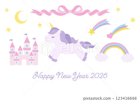 Cute unicorn New Year's card template. 2026, Year of the Horse, White Horse, Vector, Zodiac, Dreamy, Rainbow Cute unicorn New Year's card template. 2026, Year of the Horse, White Horse, Vector, Zodiac, Dreamy, Rainbow 123416698