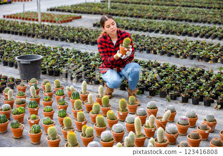Female gardener holding pot with cactus Female gardener holding pot with cactus 123416808