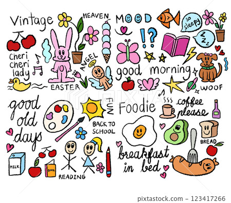 Hand drawn crayon illustration of bunny, puppy, duck, fish, cherry, avocado, fried egg, apple, bread, hot coffee, sausage, milk box, kids, watercolour, paint brush, pencil, book, flowers, heart, angel 123417266