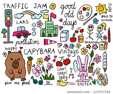 Hand drawn crayon illustration of rainbow, traffic light, car, buildings, watercolour, paint brush, milk box, capybara, bunny, duck, carrot, cherry, apple, bread, flowers, butterfly, ice cream cone	 123417268