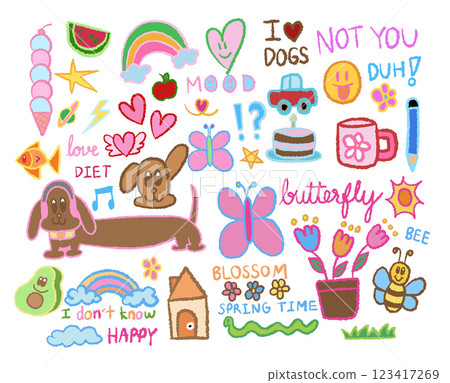 Hand drawn crayon illustration of dachshund puppy, butterfly, rainbow, ice cream cone, car, home, flower, avocado, watermelon, bee, sun for cute drawing, cartoon, sticker, animals, pet, summer, tattoo 123417269