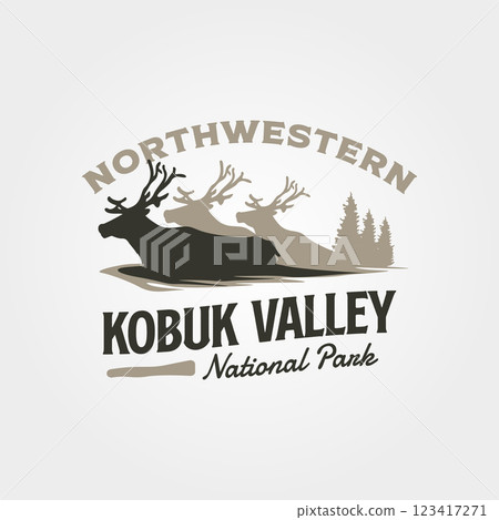 kobuk valley vintage logo vector illustration design, silhouette of caribou deer design kobuk valley vintage logo vector illustration design, silhouette of caribou deer design 123417271