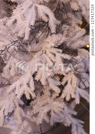 A detailed closeup of frostcovered holiday tree branches, capturing their beauty and charm 123417324