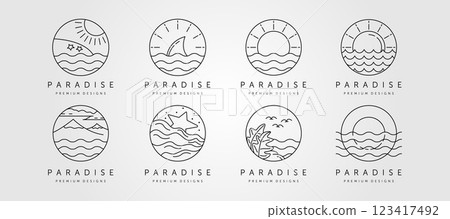 set of ocean line art logo vector minimalist design, ocean landscape icon symbol vector illustration design 123417492