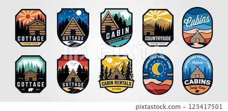 set of vector cottage outdoor logo emblem vector illustration design, adventure cabin camp badge vector design 123417501