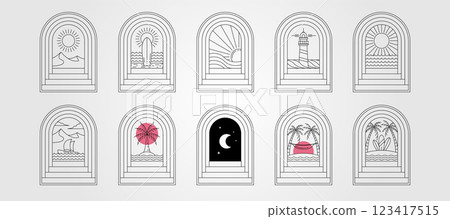set of door and stairs nature line art logo vector design, beauty landscape abstract minimalist badge design 123417515