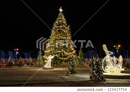 New Year's decoration. Christmas tree near the St. Nicholas Cathedral in Kronshtadt. Celebrating the New Year in Russia. New Year's decoration. Christmas tree near the St. Nicholas Cathedral in Kronshtadt. Celebrating the New Year in Russia. 123417754