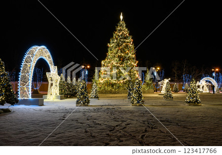 New Year's decoration. Christmas tree near the St. Nicholas Cathedral in Kronshtadt. Celebrating the New Year in Russia. 123417766