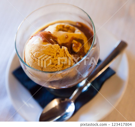 Sweet tasty chocolate ice-cream, served with hot chocolate Sweet tasty chocolate ice-cream, served with hot chocolate 123417804
