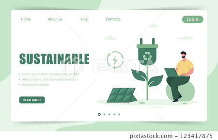 Sustainable concept. Landing page template. Solar panels. Low carbon and environmental responsibility. People live eco life. Alternative energy sources. Vector illustration in flat cartoon style 123417875