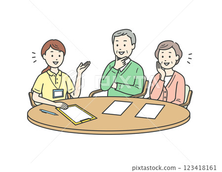 一對老年男女夫婦接受護理經理女士解釋的插圖 123418161