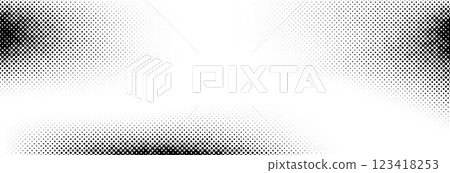 Dotted halftone texture background. Black and white pop art gradient overlay. Fading grunge grit noise wallpaper. Weathered pixelated comic backdrop. Vector bitmap subtle vanishing surface 123418253